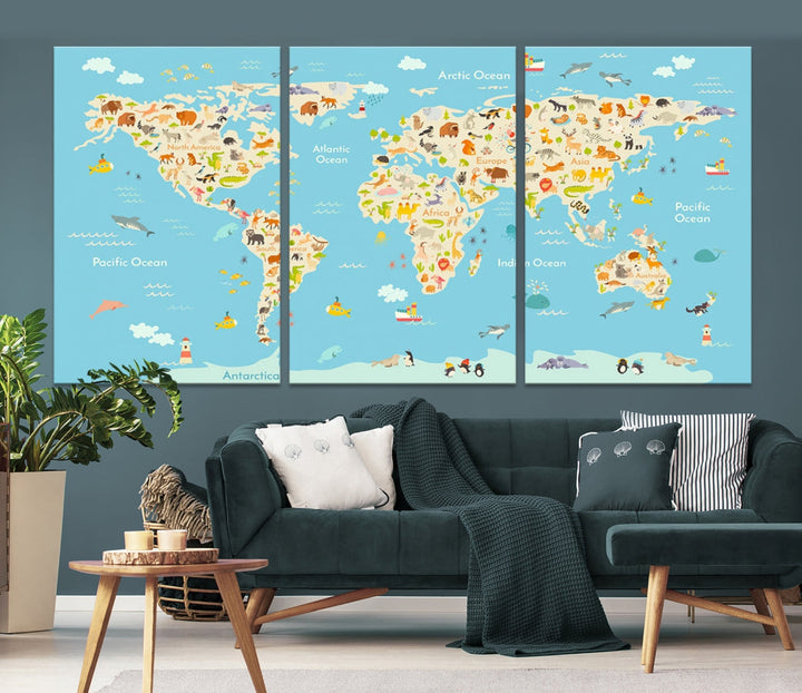 Animal World Map Canvas Wall Art Educational Print for Kids Room Wall Decor