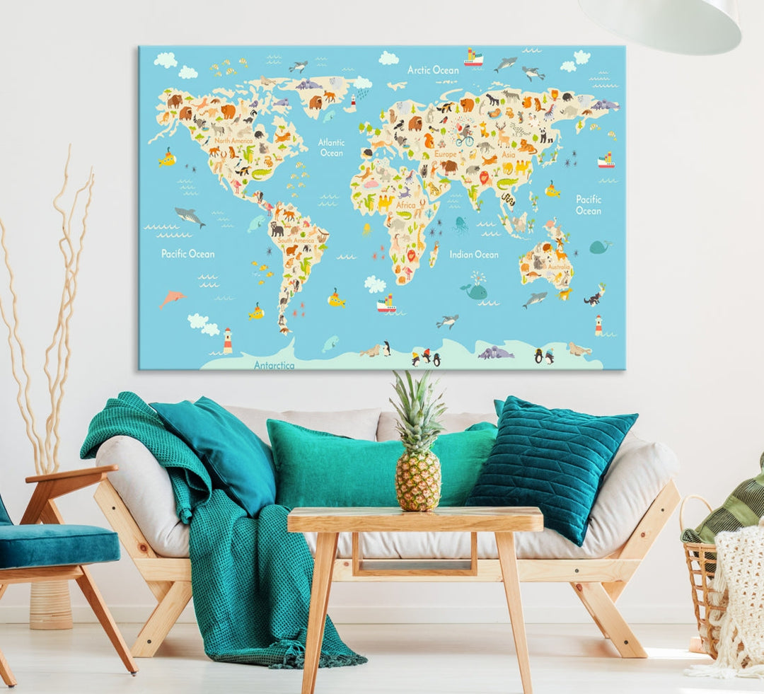 Animal World Map Canvas Wall Art Educational Print for Kids Room Wall Decor