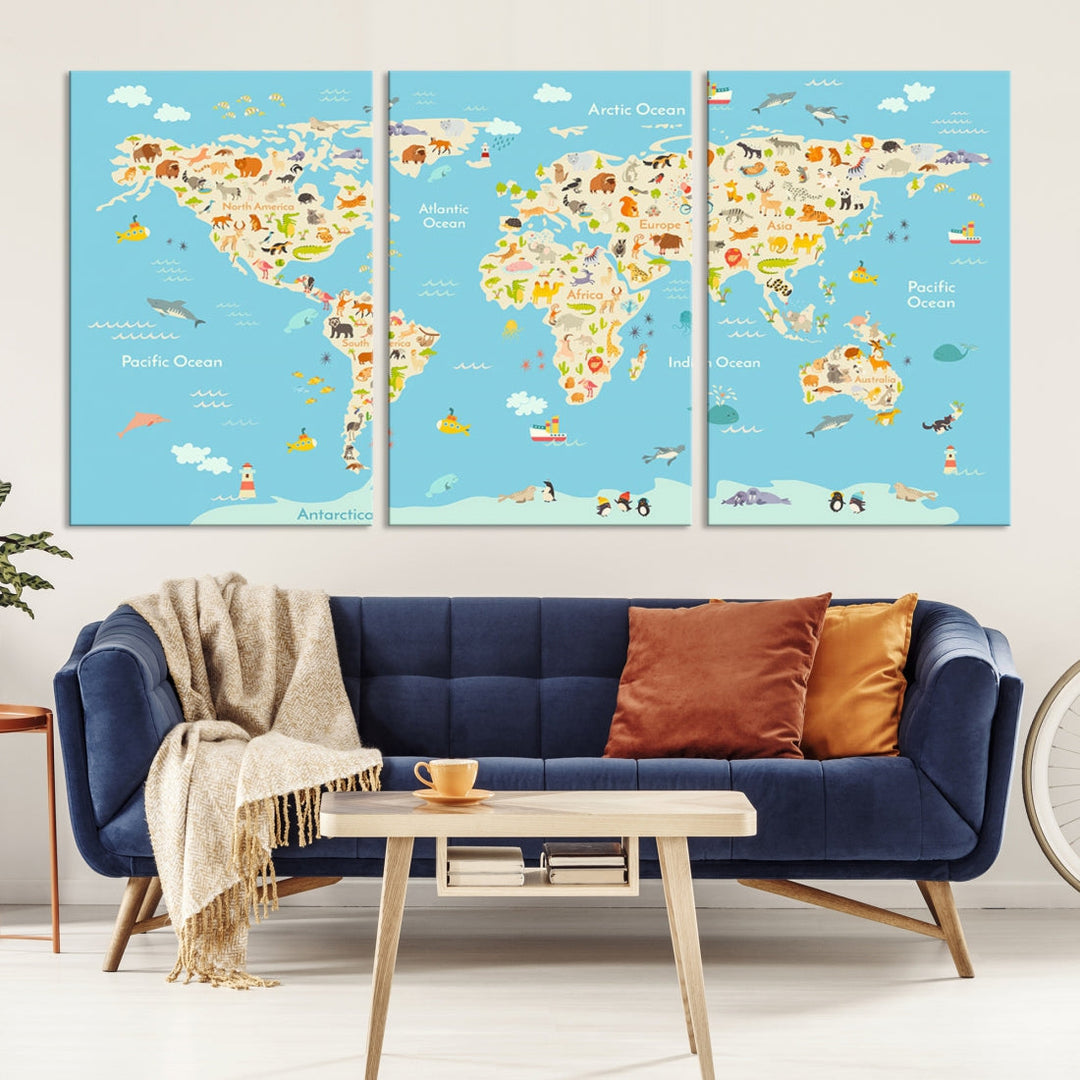 Animal World Map Canvas Wall Art Educational Print for Kids Room Wall Decor