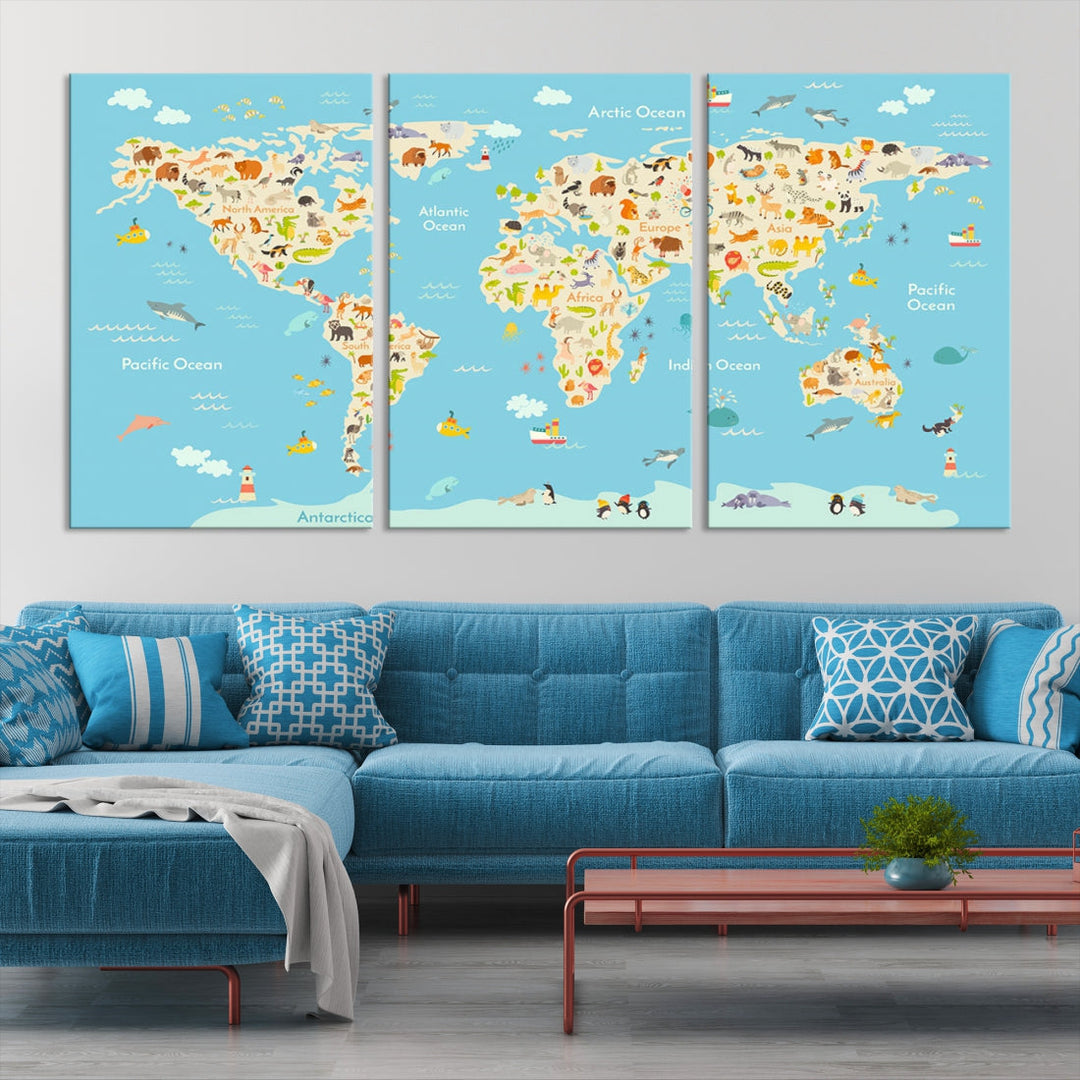 Animal World Map Canvas Wall Art Educational Print for Kids Room Wall Decor