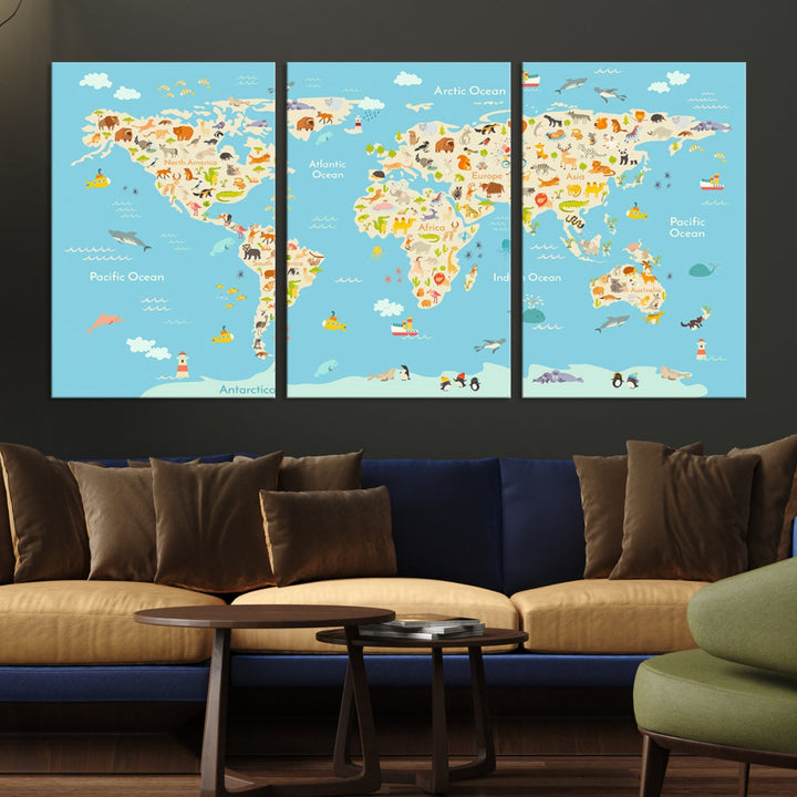 Animal World Map Canvas Wall Art Educational Print for Kids Room Wall Decor