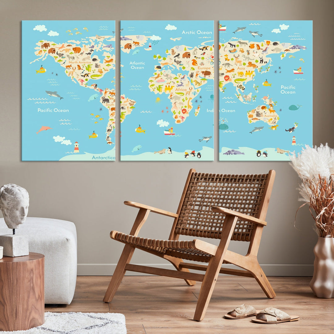 Animal World Map Canvas Wall Art Educational Print for Kids Room Wall Decor