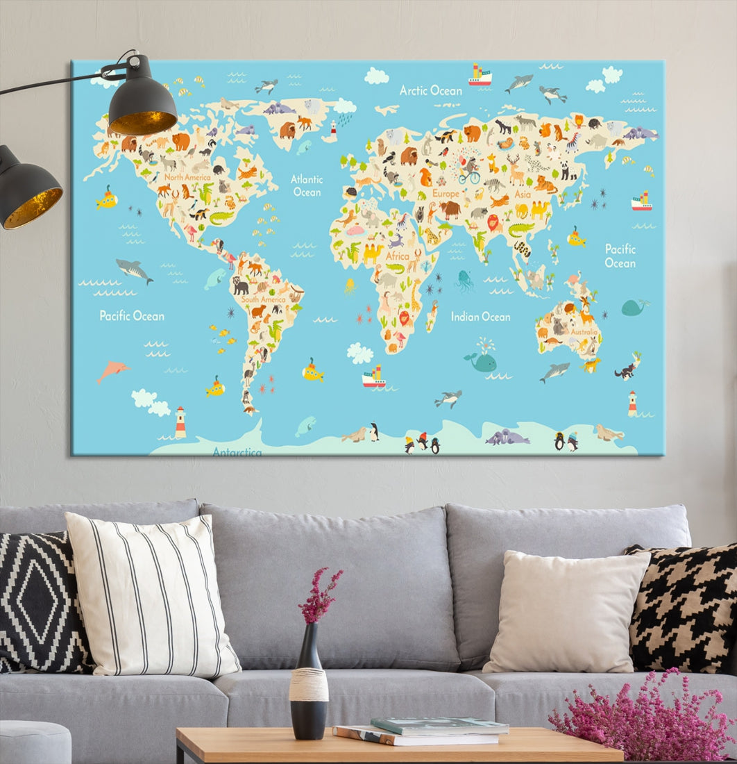 Animal World Map Canvas Wall Art Educational Print for Kids Room Wall Decor