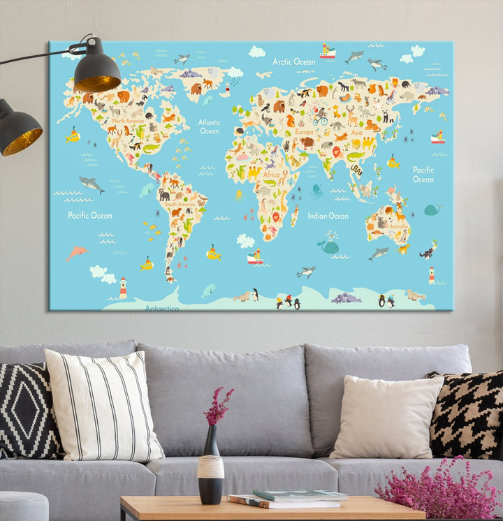 Animal World Map Canvas Wall Art Educational Print for Kids Room Wall Decor