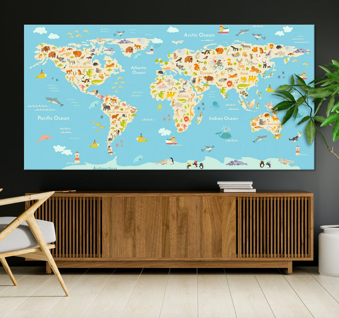 Animal World Map Canvas Wall Art Educational Print for Kids Room Wall Decor