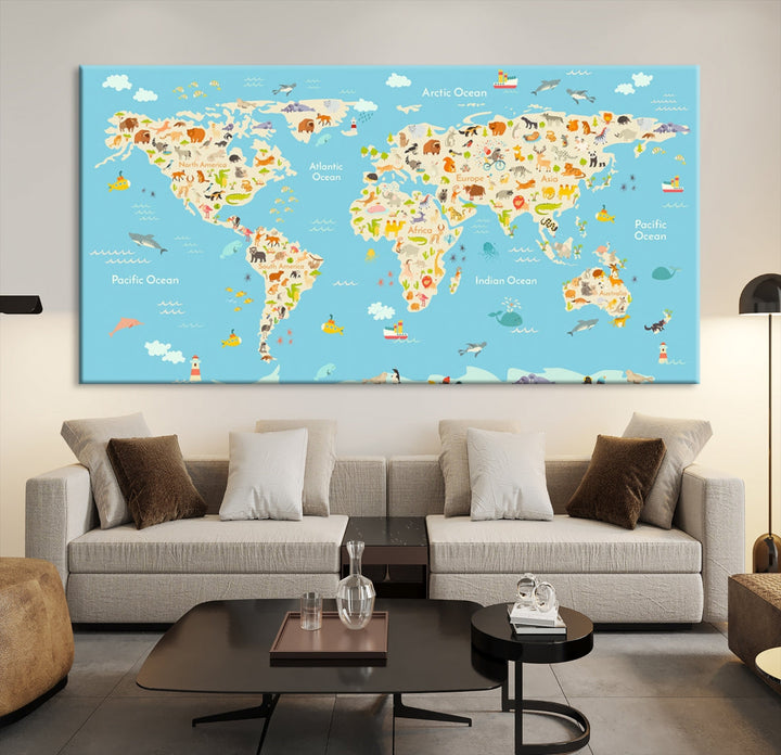 Animal World Map Canvas Wall Art Educational Print for Kids Room Wall Decor