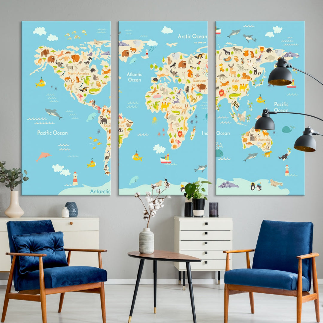 Animal World Map Canvas Wall Art Educational Print for Kids Room Wall Decor