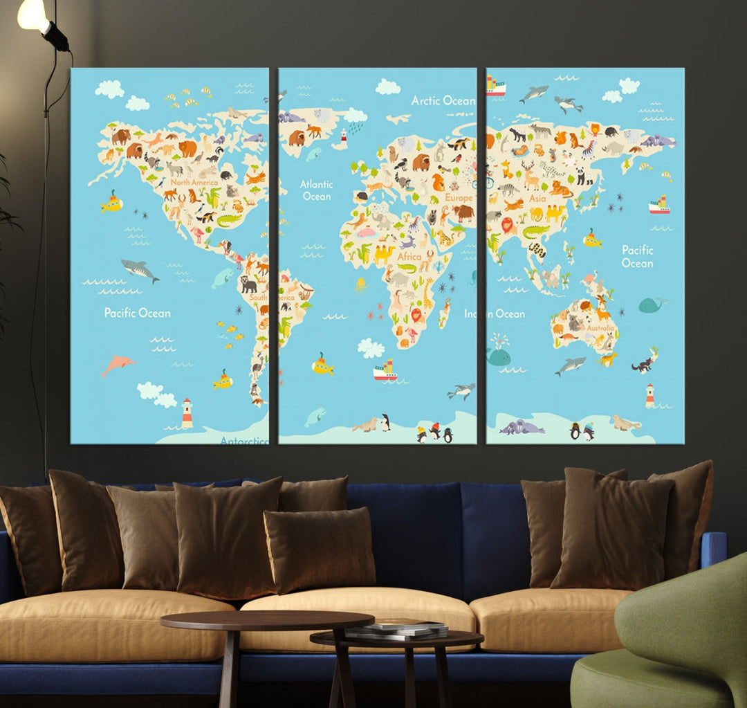 Animal World Map Canvas Wall Art Educational Print for Kids Room Wall Decor