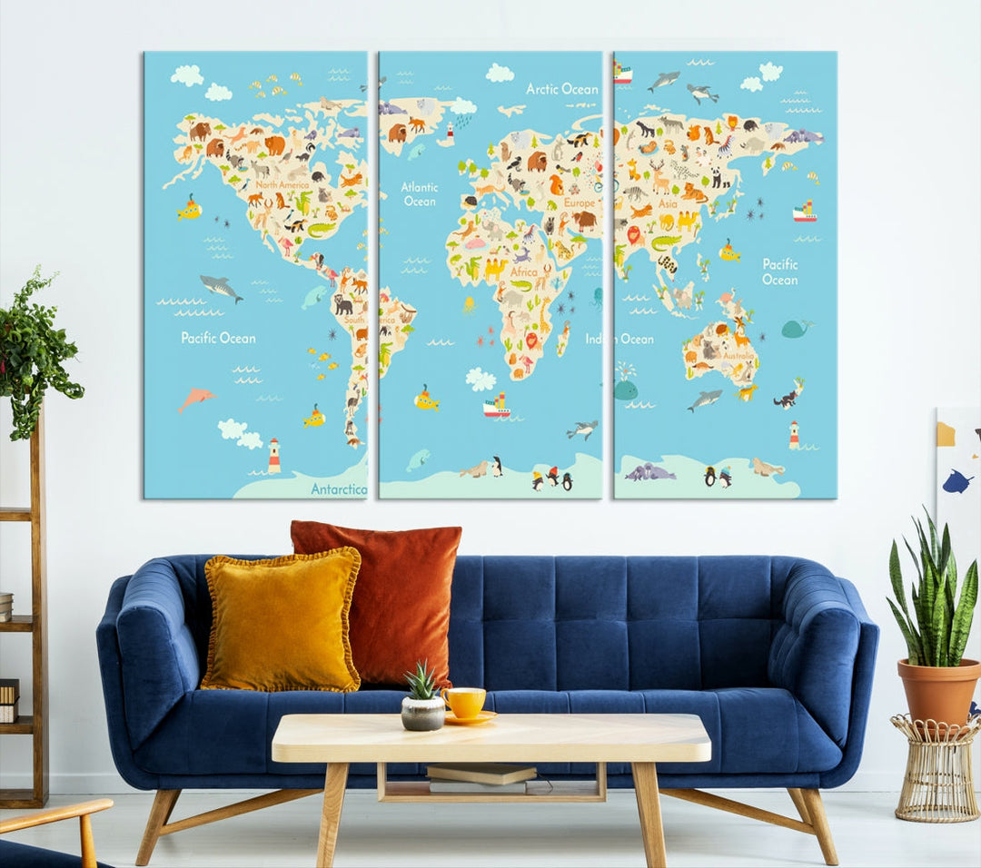 Animal World Map Canvas Wall Art Educational Print for Kids Room Wall Decor