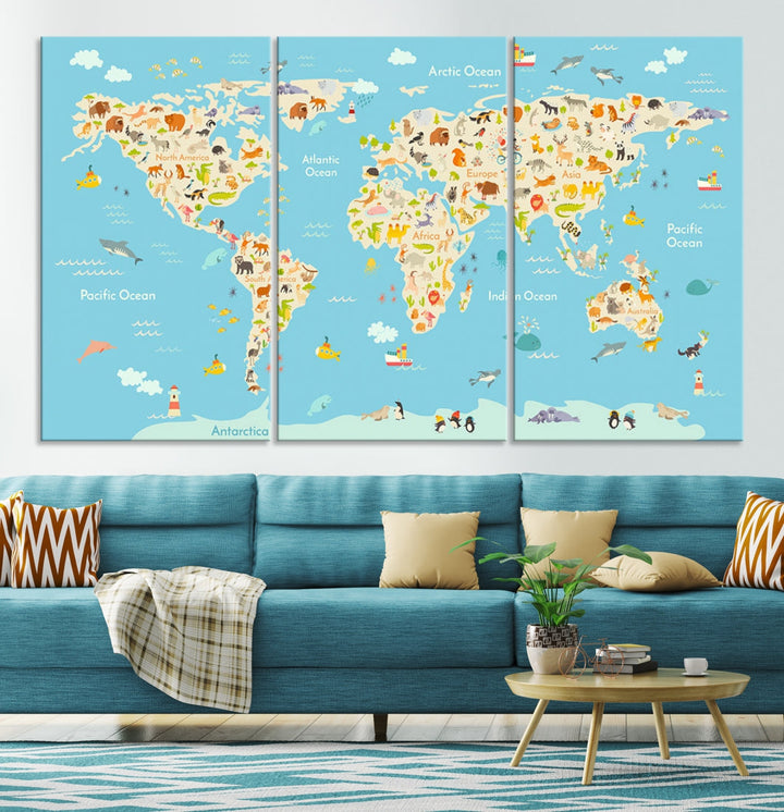 Animal World Map Canvas Wall Art Educational Print for Kids Room Wall Decor