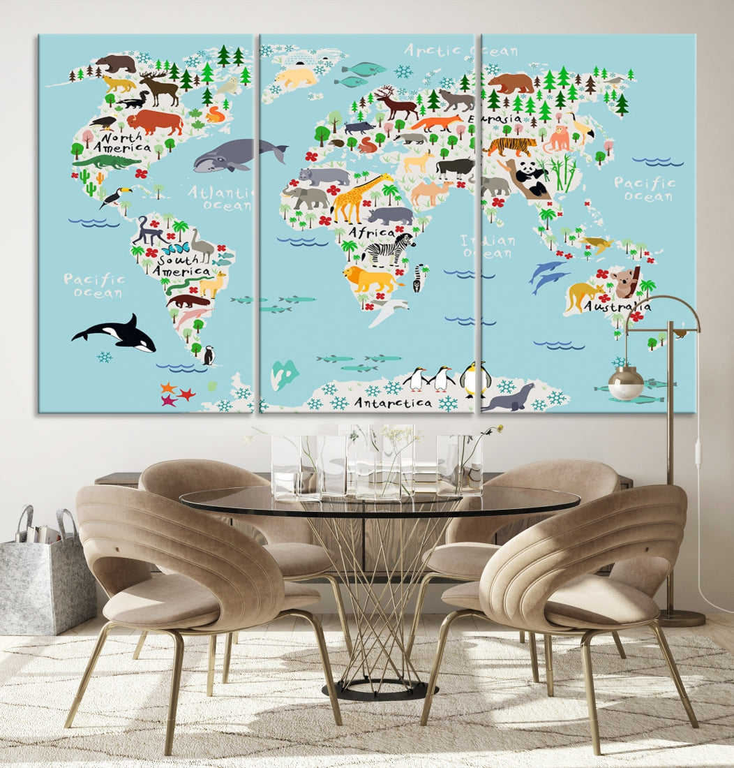 Animal World Map Wall Art Educational Wall Decor for Classroom School Kids Room