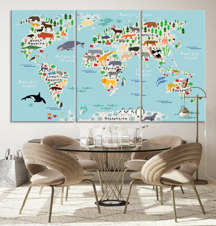 Animal World Map Wall Art Educational Wall Decor for Classroom School Kids Room