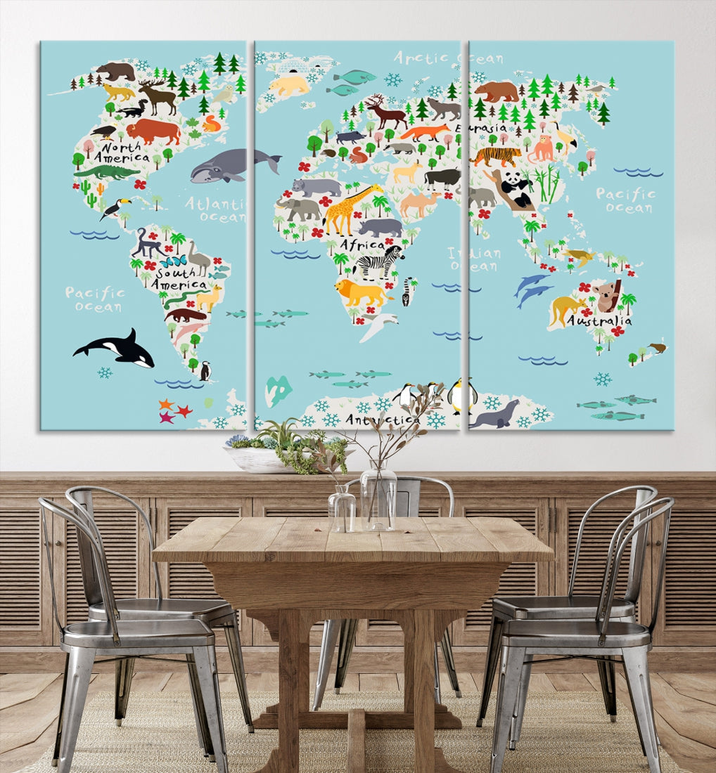 Animal World Map Wall Art Educational Wall Decor for Classroom School Kids Room