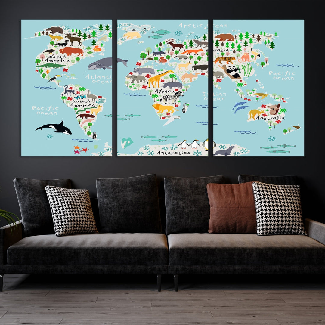 Animal World Map Wall Art Educational Wall Decor for Classroom School Kids Room