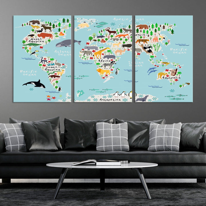 Animal World Map Wall Art Educational Wall Decor for Classroom School Kids Room