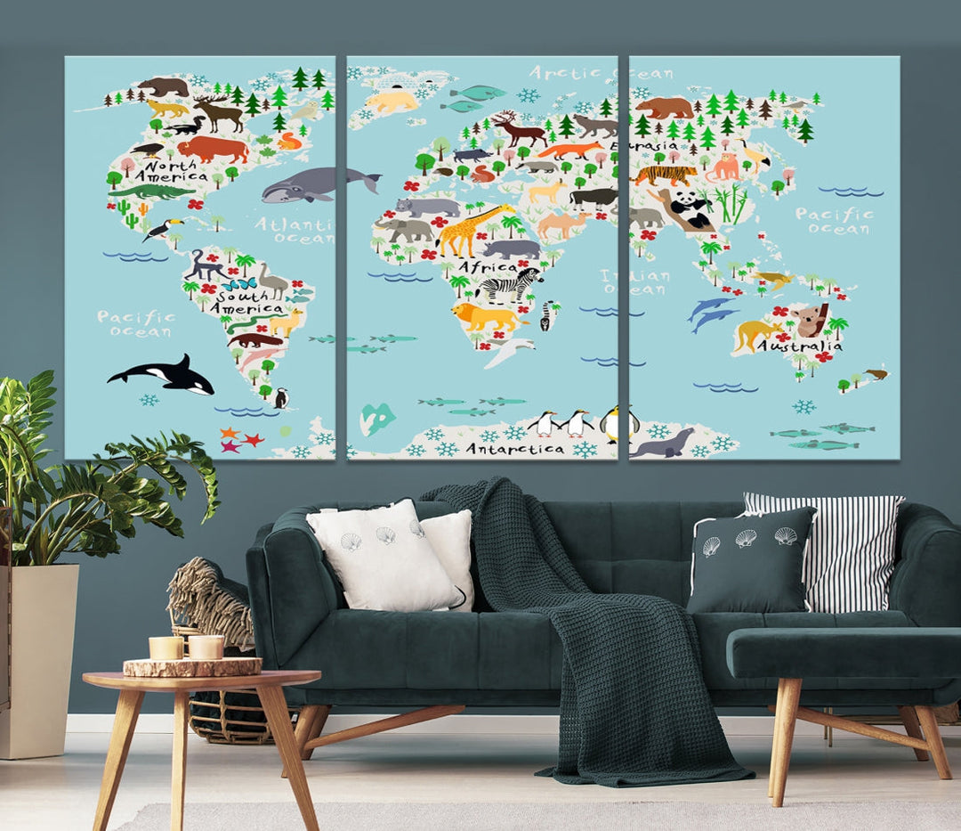 Animal World Map Wall Art Educational Wall Decor for Classroom School Kids Room