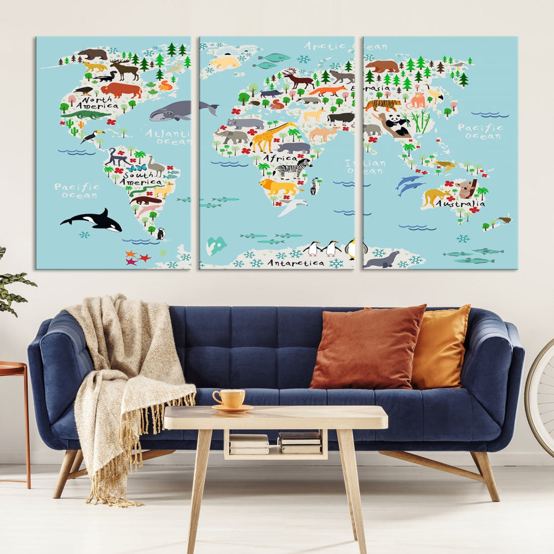 Animal World Map Wall Art Educational Wall Decor for Classroom School Kids Room