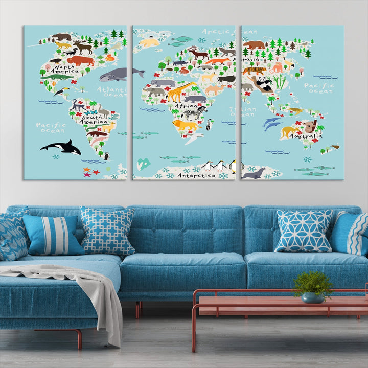 Animal World Map Wall Art Educational Wall Decor for Classroom School Kids Room