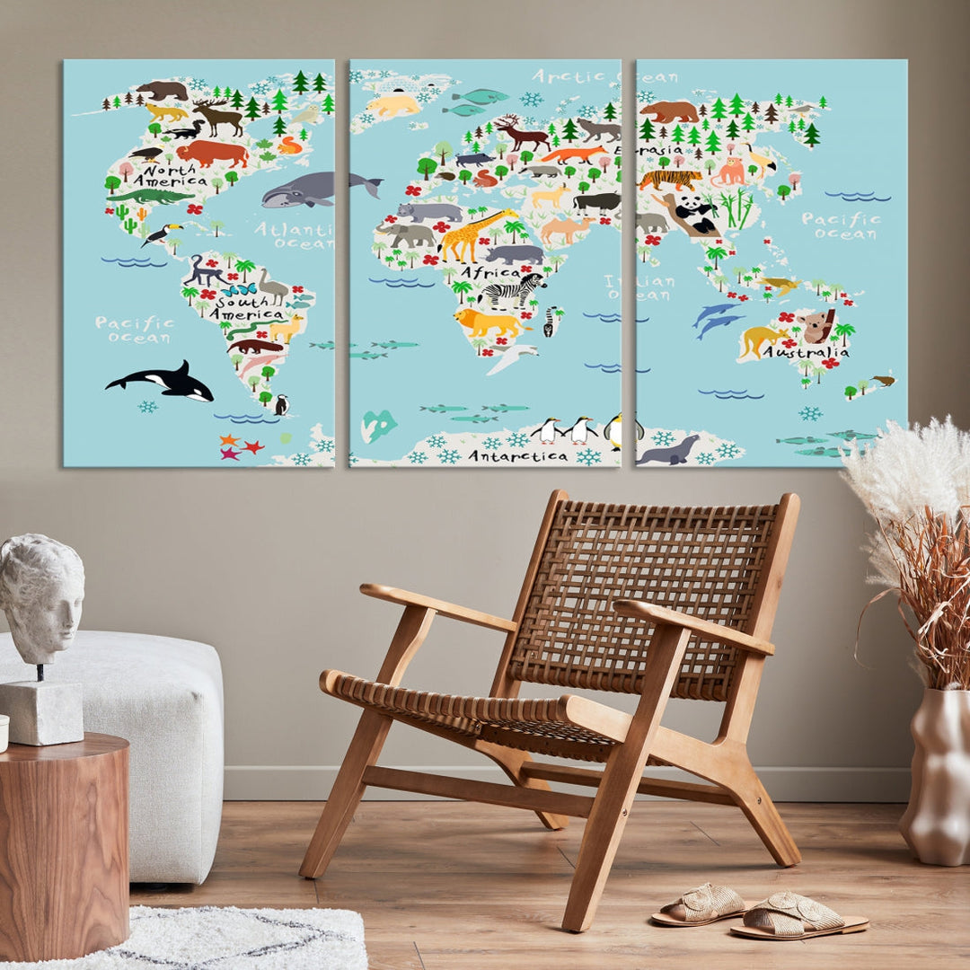 Animal World Map Wall Art Educational Wall Decor for Classroom School Kids Room