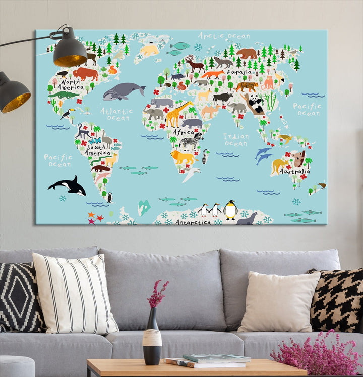 Animal World Map Wall Art Educational Wall Decor for Classroom School Kids Room