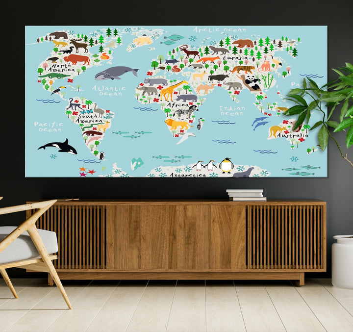 Animal World Map Wall Art Educational Wall Decor for Classroom School Kids Room