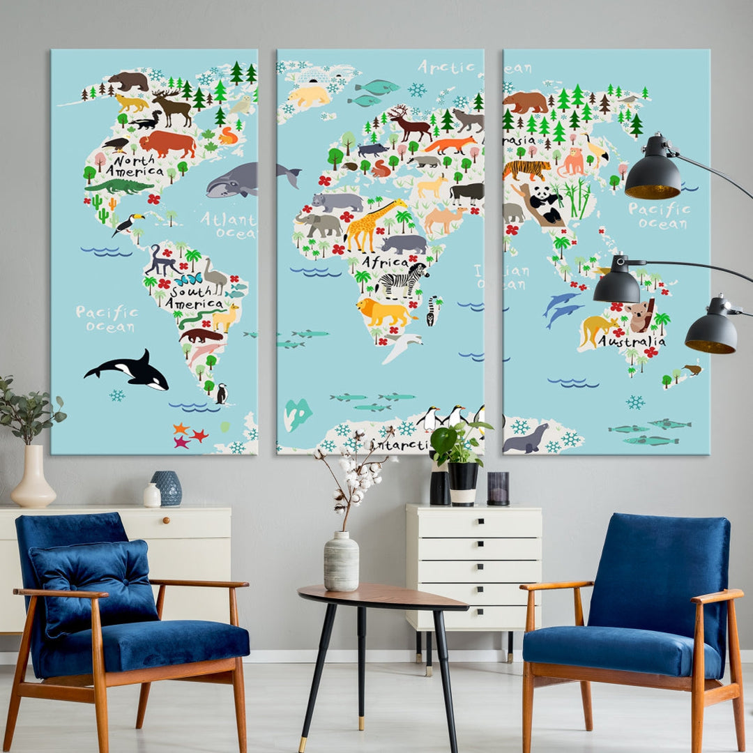 Animal World Map Wall Art Educational Wall Decor for Classroom School Kids Room