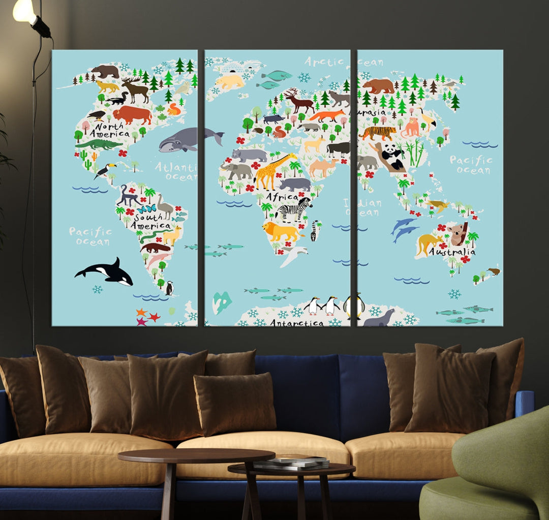 Animal World Map Wall Art Educational Wall Decor for Classroom School Kids Room