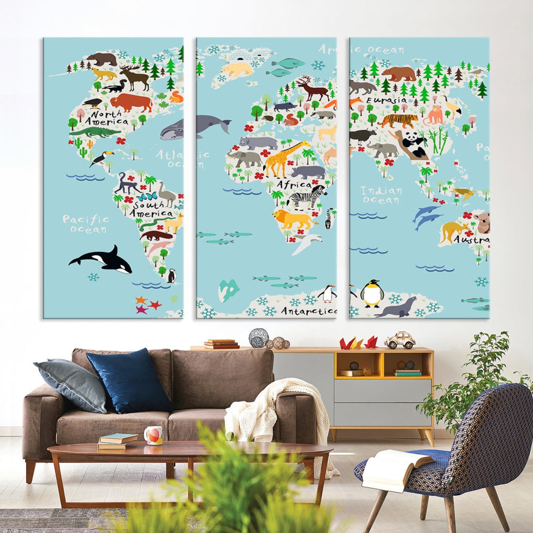 Animal World Map Wall Art Educational Wall Decor for Classroom School Kids Room