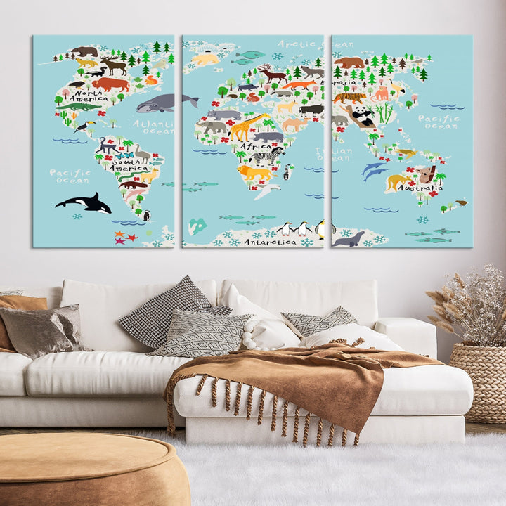 Animal World Map Wall Art Educational Wall Decor for Classroom School Kids Room