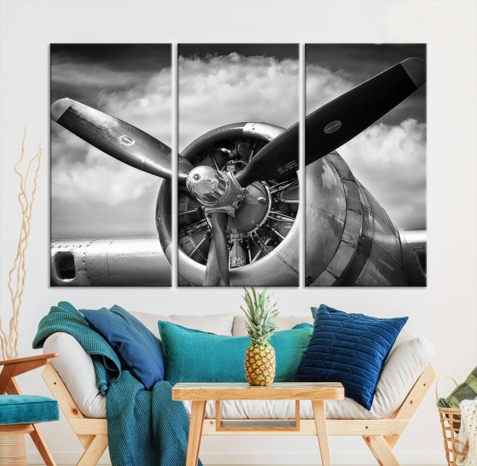 Antique War Airplane Black and White Wall Art Canvas Print