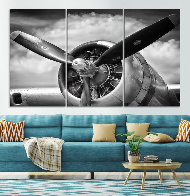 Antique War Airplane Black and White Wall Art Canvas Print