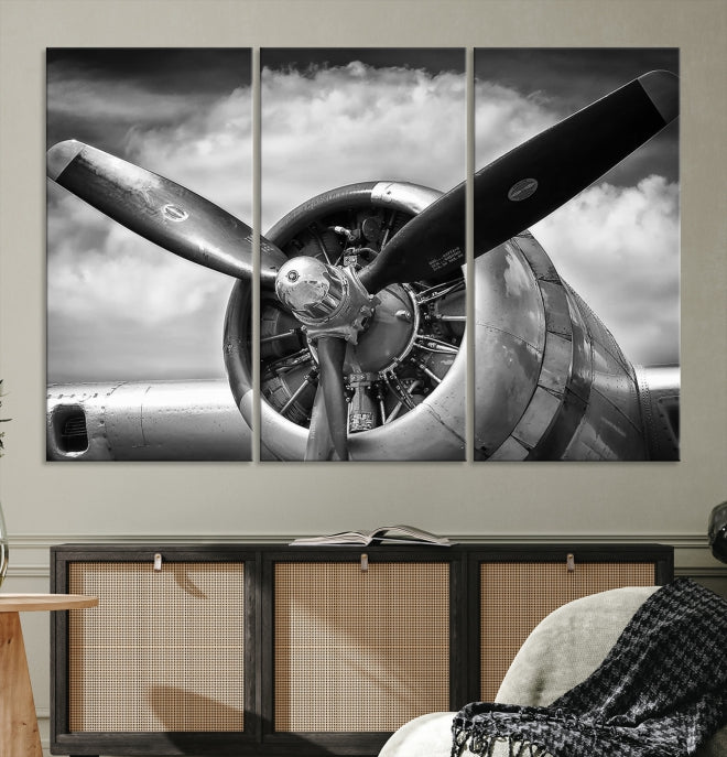 Antique War Airplane Black and White Wall Art Canvas Print