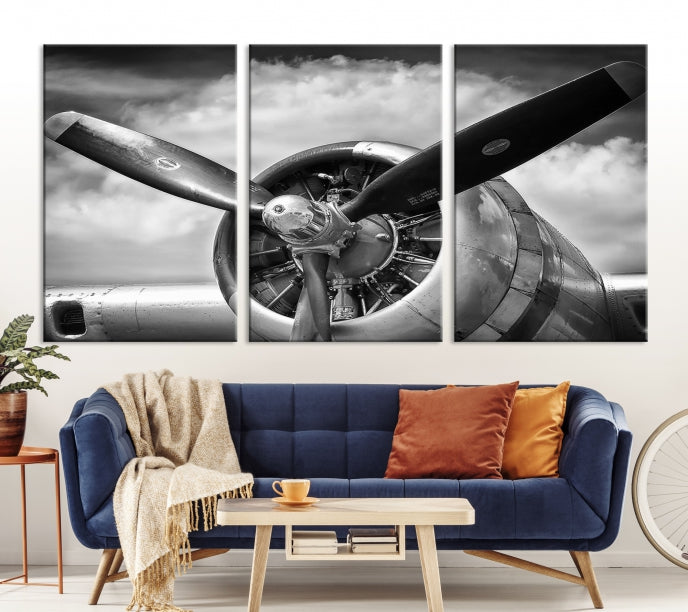 Antique War Airplane Black and White Wall Art Canvas Print