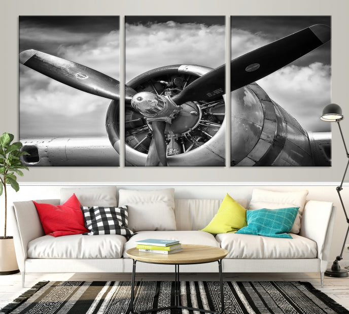 Antique War Airplane Black and White Wall Art Canvas Print