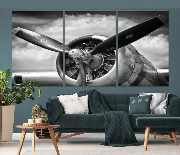 Antique War Airplane Black and White Wall Art Canvas Print