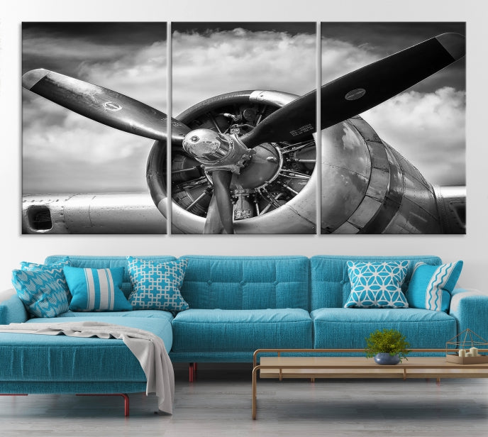 Antique War Airplane Black and White Wall Art Canvas Print