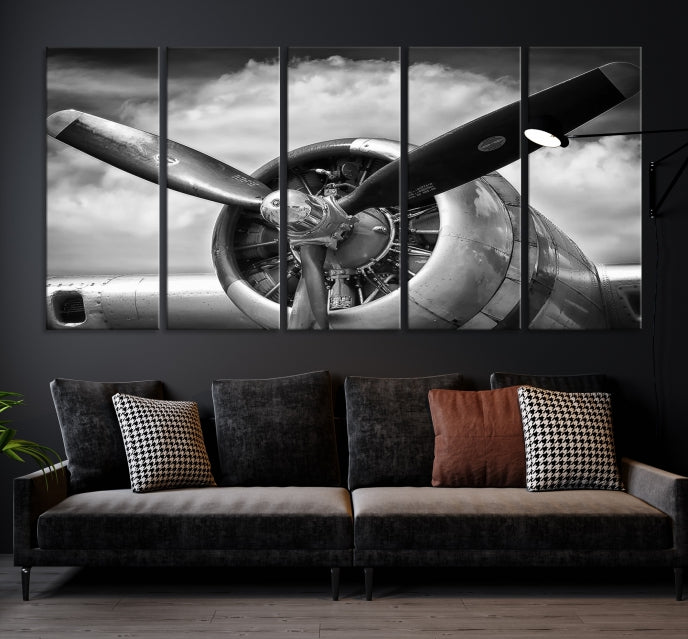 Antique War Airplane Black and White Wall Art Canvas Print