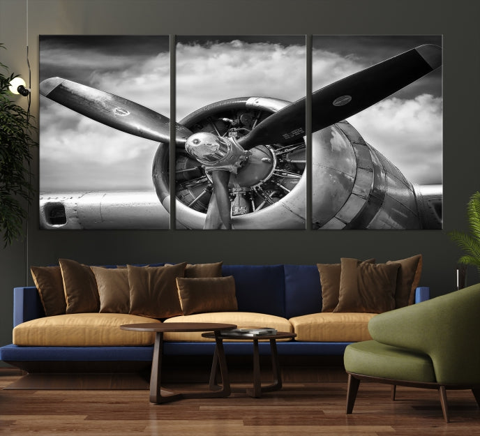 Antique War Airplane Black and White Wall Art Canvas Print