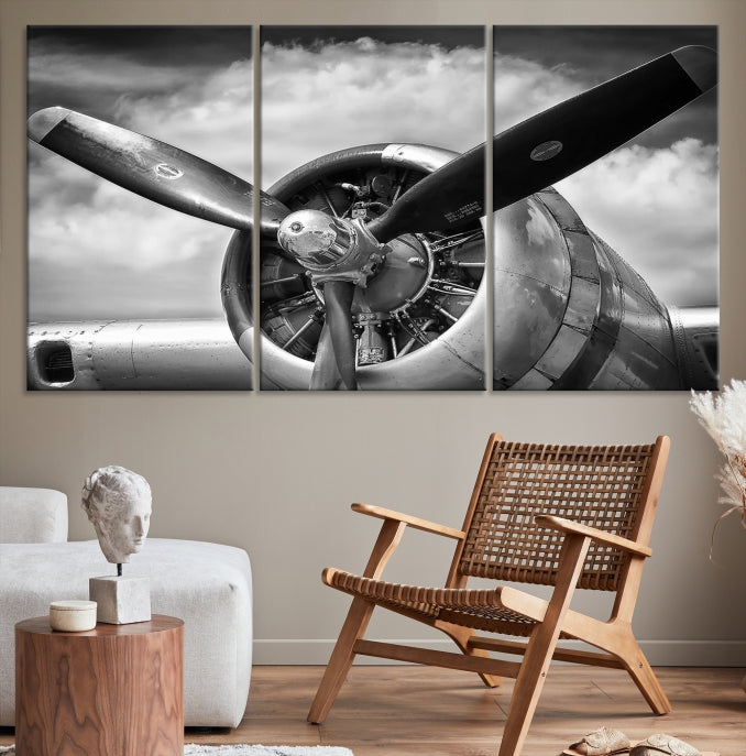 Antique War Airplane Black and White Wall Art Canvas Print