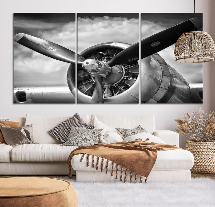 Antique War Airplane Black and White Wall Art Canvas Print