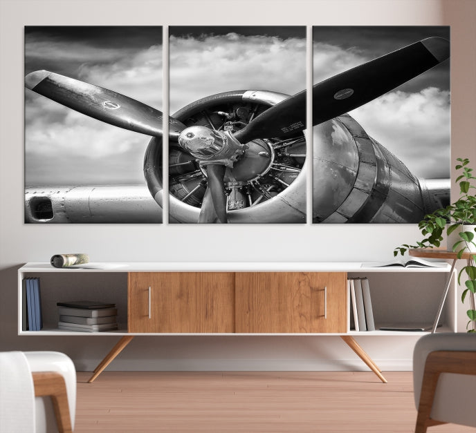 Antique War Airplane Black and White Wall Art Canvas Print