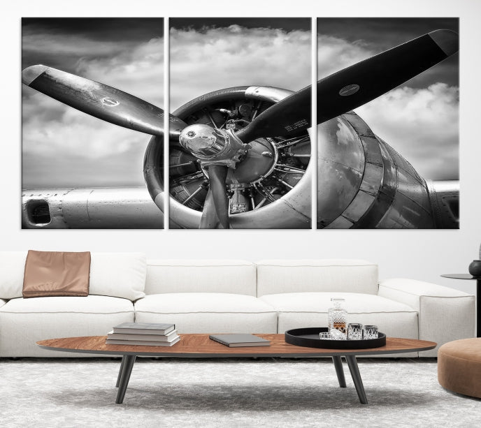 Antique War Airplane Black and White Wall Art Canvas Print