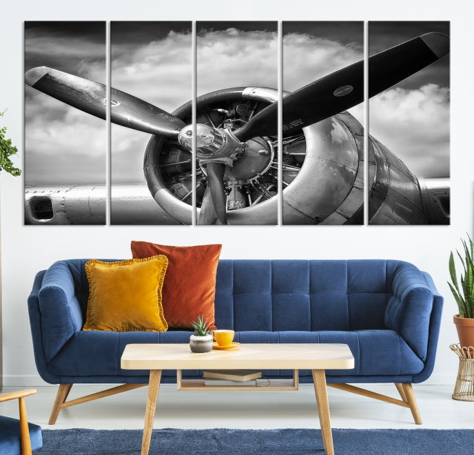 Antique War Airplane Black and White Wall Art Canvas Print