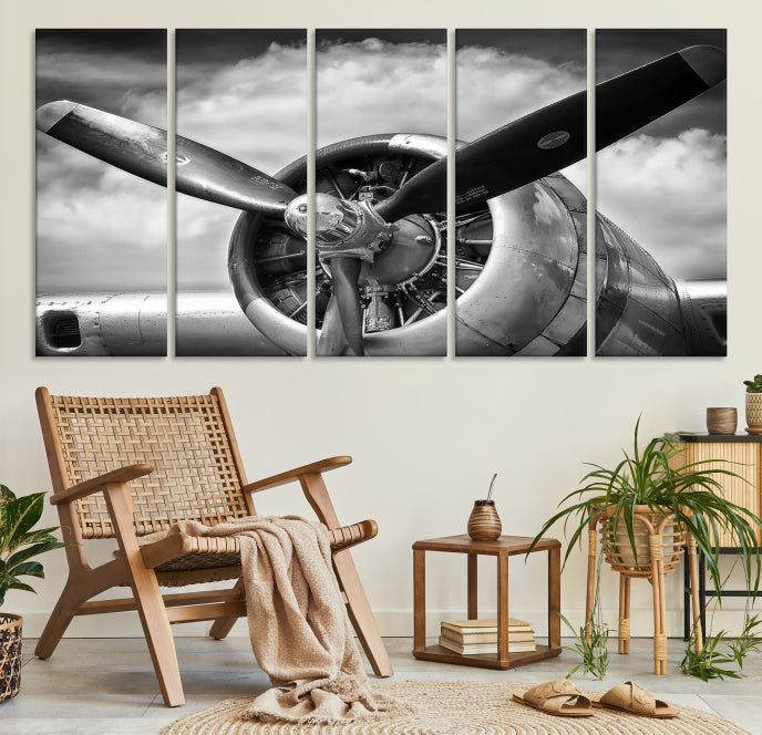 Antique War Airplane Black and White Wall Art Canvas Print