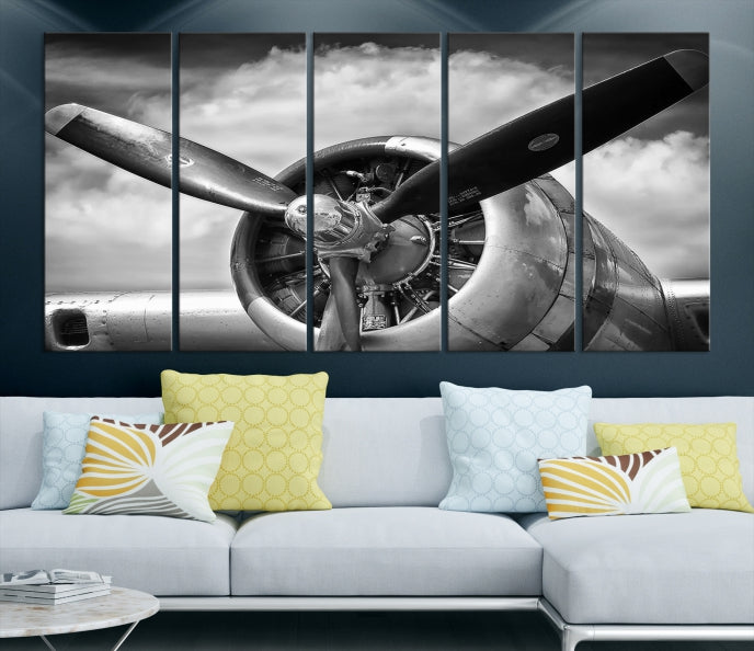 Antique War Airplane Black and White Wall Art Canvas Print