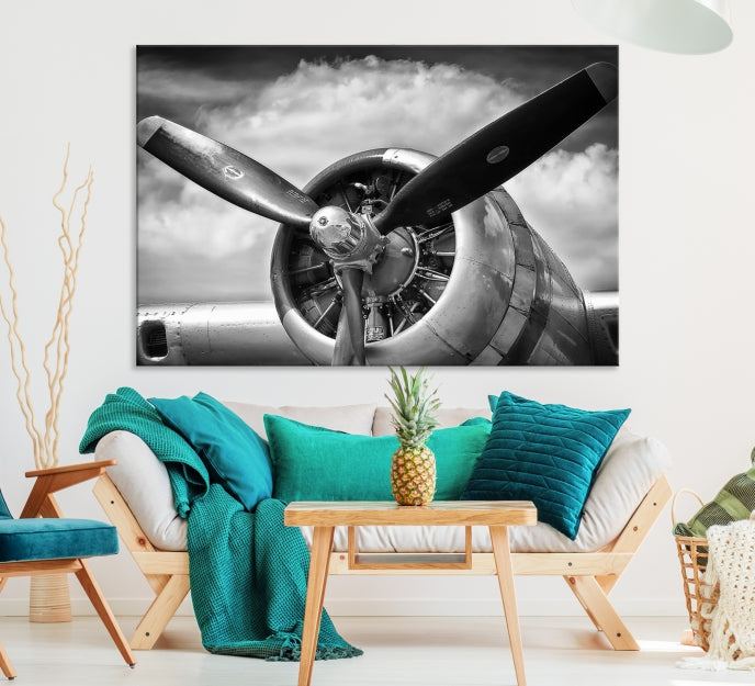 Antique War Airplane Black and White Wall Art Canvas Print