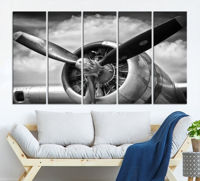 Antique War Airplane Black and White Wall Art Canvas Print