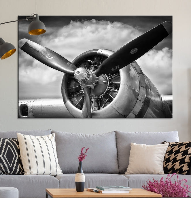 Antique War Airplane Black and White Wall Art Canvas Print