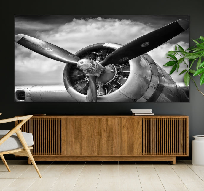 Antique War Airplane Black and White Wall Art Canvas Print