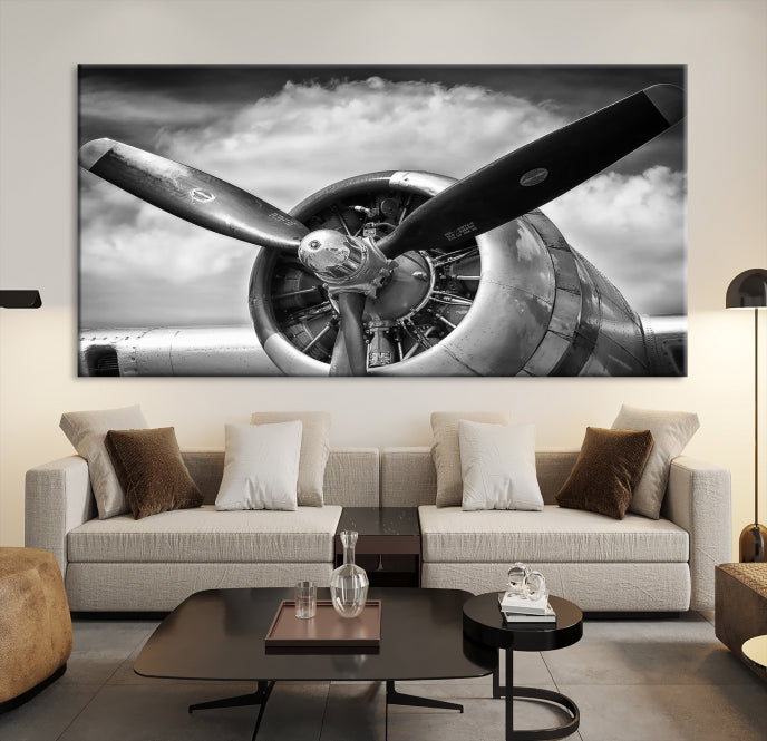 Antique War Airplane Black and White Wall Art Canvas Print